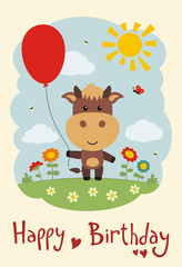 Happy birthday! Funny cow with balloon on flower meadow. Card in cartoon style.