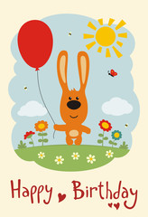 Obraz na płótnie Canvas Happy birthday! Funny bunny rabbit with balloon on flower meadow. Card in cartoon style.