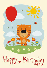 Happy birthday! Funny tiger with balloon on flower meadow. Card in cartoon style.