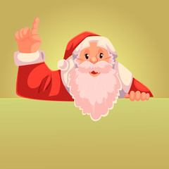 Santa Claus pointing up with place for text below, cartoon style vector illustration on gold background. Half length portrait of Santa drawing attention to text below and pointing up