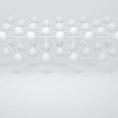3d illustration. Abstract white three-dimensional composition, render. The structure of the balls and connecting rods. The image of the atoms, molecules, the hinge. Place for text.