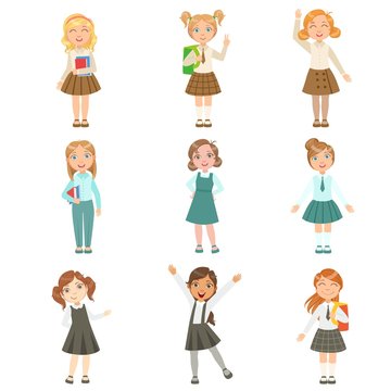 Girls Wearing An Assortment Of Classy School Uniforms Set