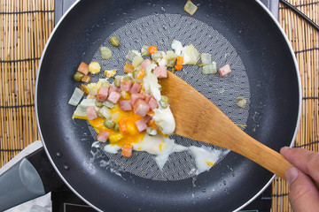 Chef putting egg to pan