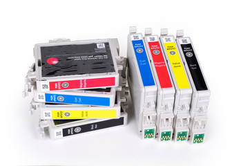 CMYK cartridges for ink jet printer, contains clipping path.