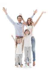 Happy family with raised hands
