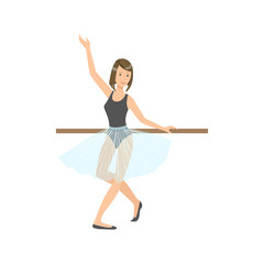 Girl In Blue Skirt In Ballet Dance Class Exercising With The Pole