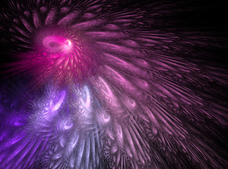 Fractal decorative illustration of  the pattern of feathers in pink colors on black background
