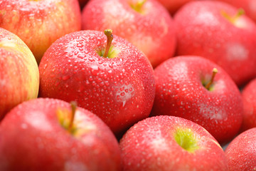 Red ripe apples with water drops background