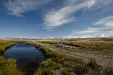 Wildlife Altai. The river, mountains and sky with clouds in summ