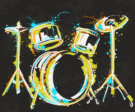 Drum kit with splashes in watercolor style. Colorful hand drawn vector illustration
