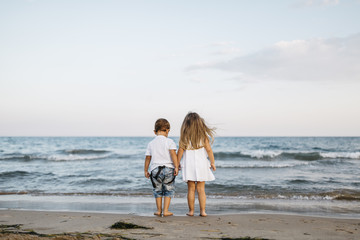 Back view of little boy and girl standing side by side at seashore