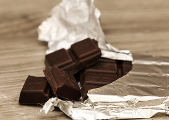 dark chocolate bar in aluminium foil
