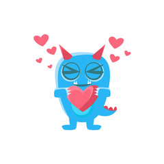 Blue Monster With Horns And Spiky Tail Holding Heart
