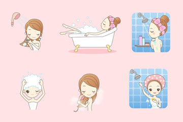 Cartoon young woman enjoy bath