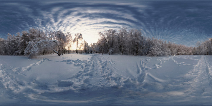 360 degree spherical panorama from Siberia Russian Winter. The picture with the snow, trees in the forest on a frosty sunny day.