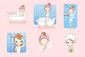 cartoon woman is taking  bath