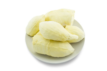 Fresh Thai fruit, peeled durian, on white plate on white background