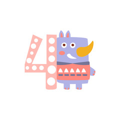 Rhinoceros Standing Next To Number Four Stylized Funky Animal