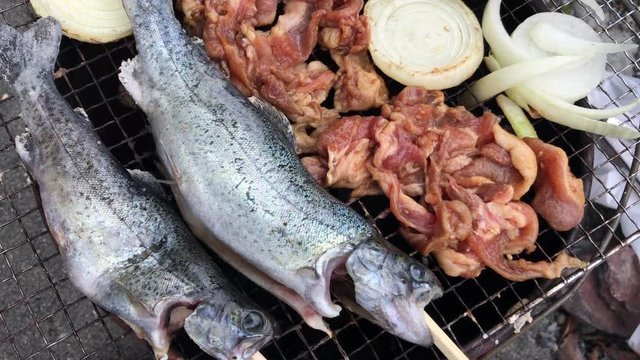 4K video to enjoy fish and meat at BBQ
