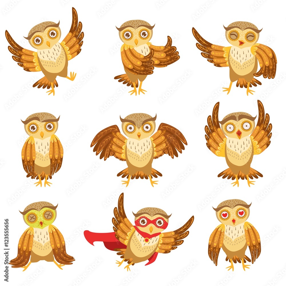 Wall mural Cute Brown Owl Emoji Icon Set