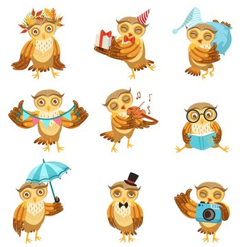 Cute Brown Owl Everyday Activities Icon Set