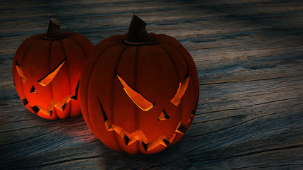 Halloween Background, Evil Jack, Pumpkins on old wooden floor, 3D rendering