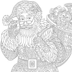 Stylized christmas Santa Claus with bag full of gift toys, isolated on white background. Freehand sketch for adult anti stress coloring book page with doodle and zentangle elements.
