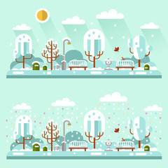 Flat design vector nature winter landscape illustrations of park. Including bench, lantern, drinking bowl for birds, birds, snowfall, snow, trees, bush, sun, snowdrift.