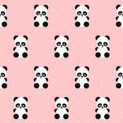 Panda seamless pattern on polka dots pink background. Cute design for print on baby's clothes, textile, wallpaper, fabric. Vector background with smiling baby animal koala. Child style illustration.