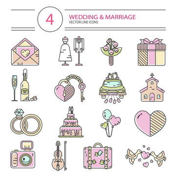Vector modern line style icons set of wedding or marriage. Invitation, bridal bouquet, rings, champagne, bride, groom, cake, gift box, lock and key, birds, car, music, church, heart, camera, baggage.