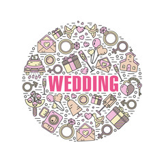 Vector color modern line style illustration of wedding. Cake with bride and groom, invitation, bridal bouquet, rings, champagne, lock and key, birds, car, balloon, camera. Round shape icons concept.