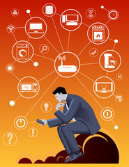 Internet of things business concept. Pensive businessman in business suit with smart phone sitting on the cloud trying smart home concept and developing business strategy for new business field.