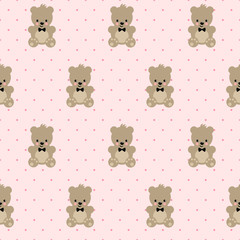 Teddy Bear seamless pattern on pink polka dots background. Cute vector with baby bear. Design for print on baby's clothes, textile, baby shower, wallpaper, fabric.