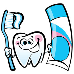 Happy cartoon molar tooth character holding dental toothbrush an