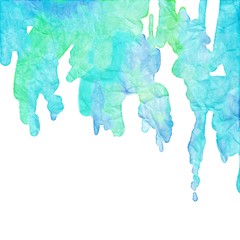 digital watercolor border painted in blue and green paint drips or splashes in soft pastel colors on white background with copyspace