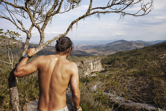 Rear View Of Shirtless Man Standing By Tree On Mountain