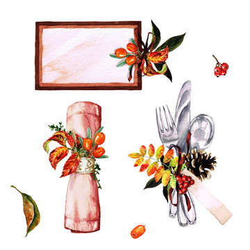 Autumn Table Decorations. Place setting elements - Watercolor Illustration.