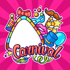 Celebration festive frame with carnival icons and objects