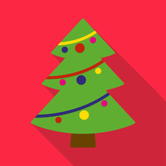 Christmas tree flat icon with long shadow. Christmas card template. Colorful vector illustration.