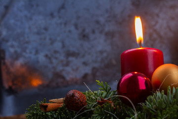 Evergreen fir tree advent garland with one candles on wooden background