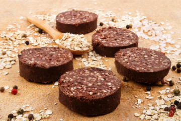 irish home made black pudding with oatmeal and spices