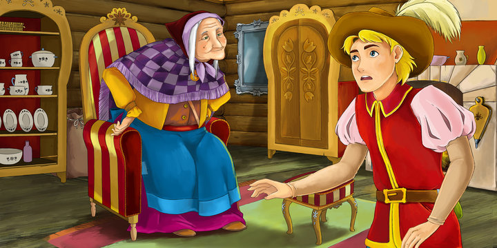 Cartoon traditional scene with old woman - grandmother - young prince - illustration for children