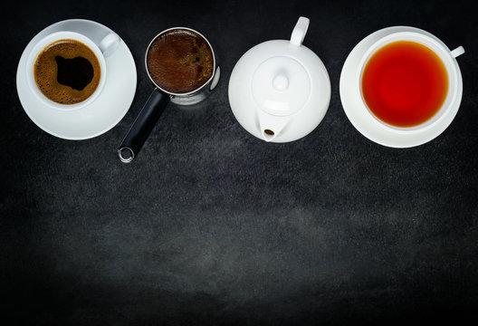 Coffe and Tea Cups with Teapot, Coffeepot and Copy Space