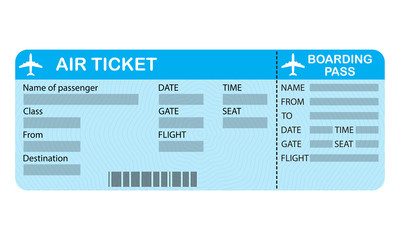 Plane ticket isolated on white background. Airline boarding pass. Detailed blank of airplane ticket. Vector illustration.