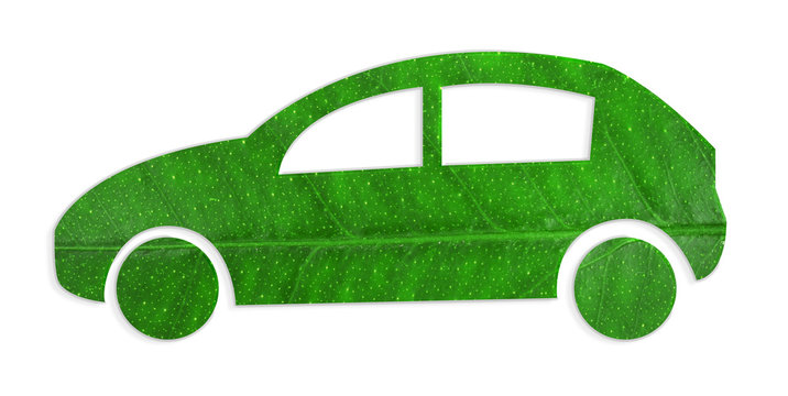 Car silhouette made of green leaf on white background. Eco vehicle concept.