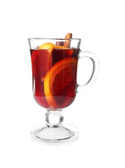 Glass cup of delicious Christmas mulled wine on white background
