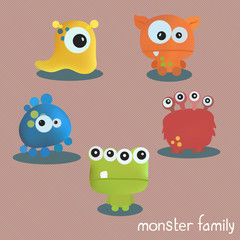 Set with five monsters. Print for Halloween. Vector set of cartoon cute monsters and aliens. Custom shapes, bodies on color background