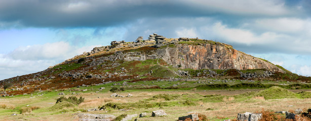 Panoramic view of the Cheesewring, a granite formation on Stowe's Hill near Minions in the Bodmin Moor in Cornwall, United Kingdom.