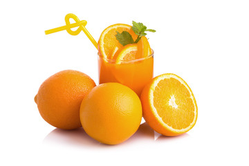 Orange juice and slices of orange isolated on white.