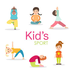 Yoga kids set. Gymnastics for children and healthy lifestyle. Vector illustration.